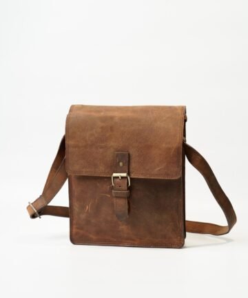 Vintage leather laptop bag with buckle strap and top handle for office and travel
