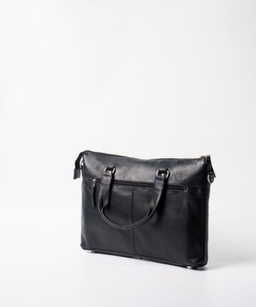 Leather laptop bag with brass buckles and adjustable shoulder strap
