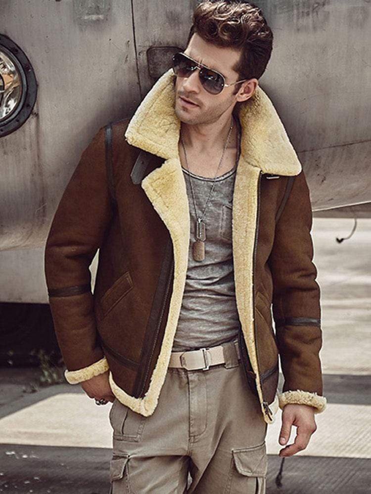 Men's brown jacket with a skin fur collar.