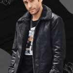 Men's black jacket with a fur collar.