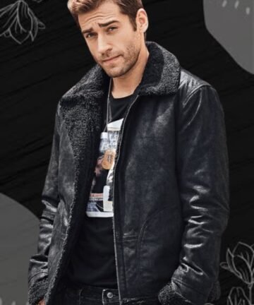 Men's black jacket with a fur collar.