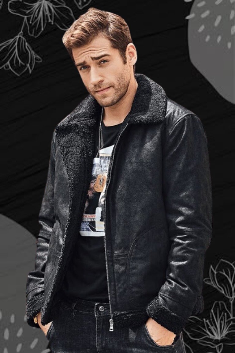 Men's black jacket with a fur collar.