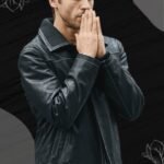 Classic black biker jacket with silver hardware.