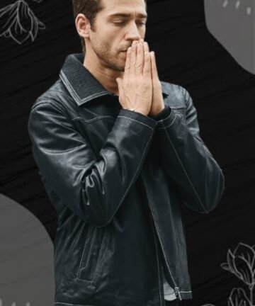 Classic black biker jacket with silver hardware.