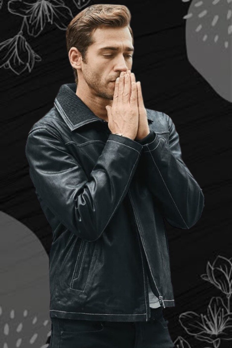 Classic black biker jacket with silver hardware.