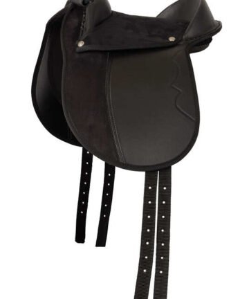 Premium black leather horse saddle with padded seat and stirrups