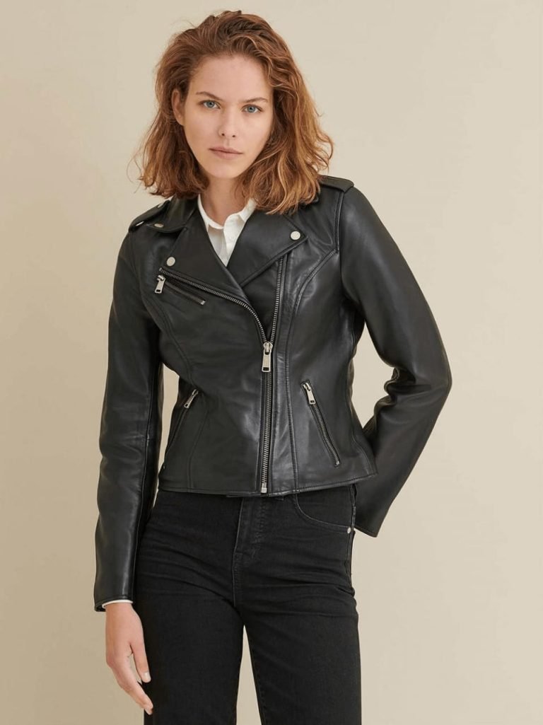 Fashionable black women biker jacket.