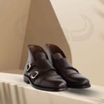 Elegant brown leather double monk strap dress shoes for men