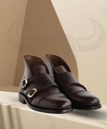 Elegant brown leather double monk strap dress shoes for men