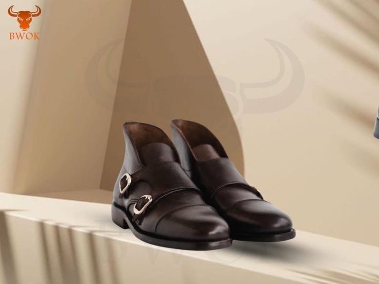 Elegant brown leather double monk strap dress shoes for men