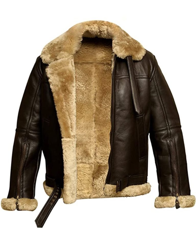 Elegant brown jacket with golden-toned fur.
