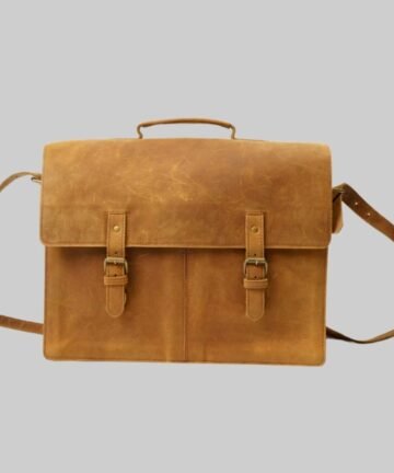Women’s leather briefcase with shoulder strap and laptop compartment