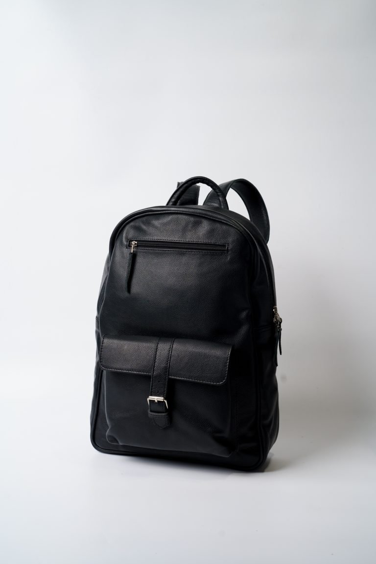 Black travel backpack with USB port and laptop compartment