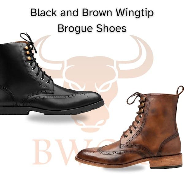Brown leather wingtip boots with brogue detailing.
