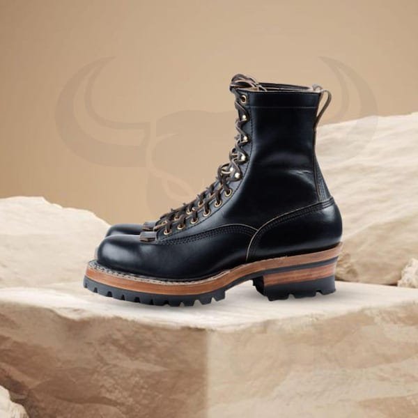 Rugged handmade leather work boots.