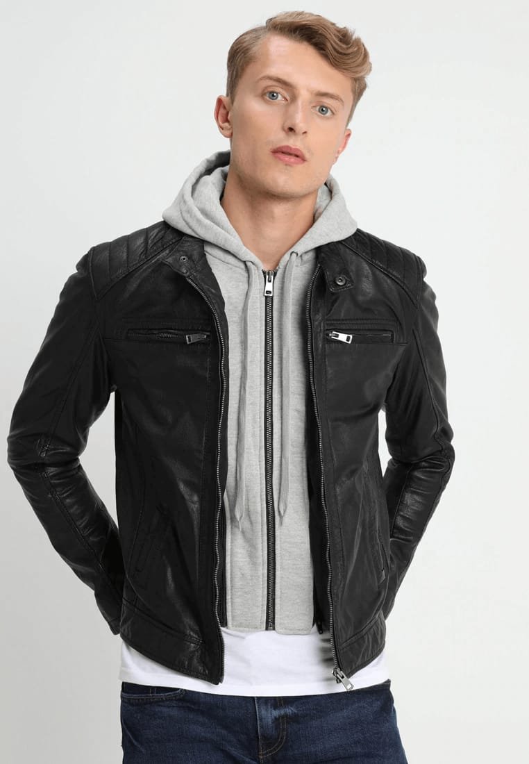 Premium Black biker jacket with zip details and tailored fit"