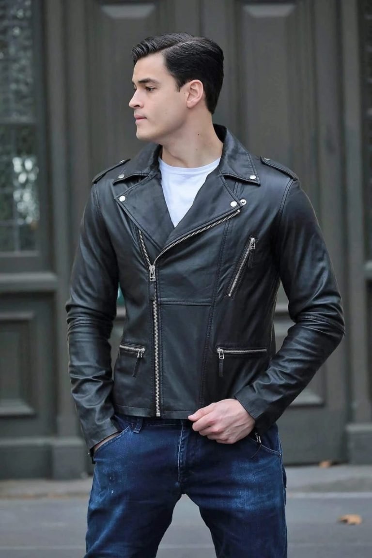 Black leather moto style jacket with asymmetrical zipper.