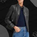 Classic biker jacket with stand collar in black leather finish"