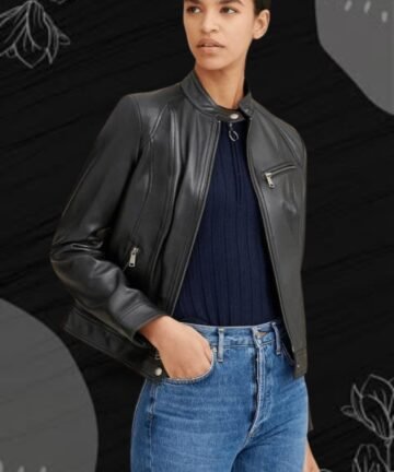 Classic biker jacket with stand collar in black leather finish"