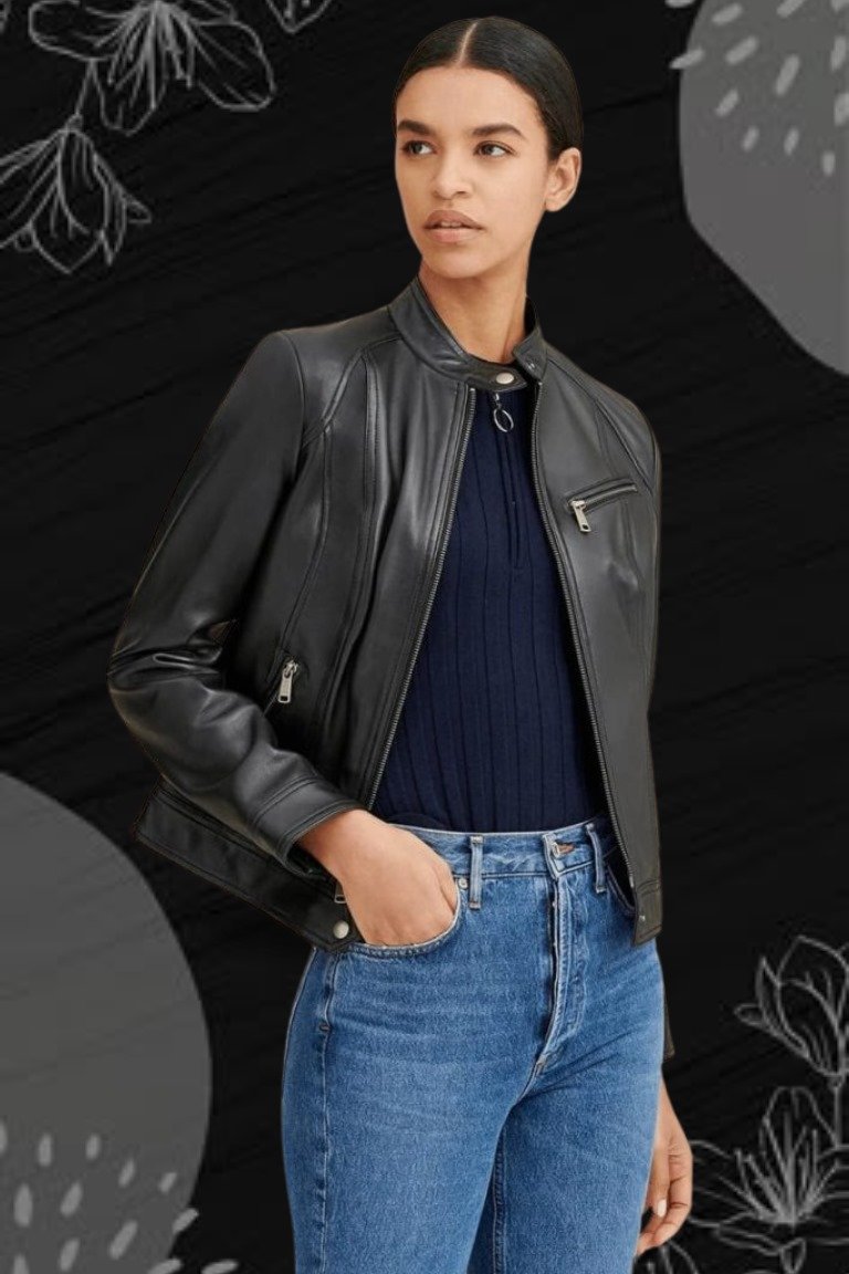 Classic biker jacket with stand collar in black leather finish"