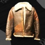 Vintage brown aviator shearling leather jacket with white fur collar