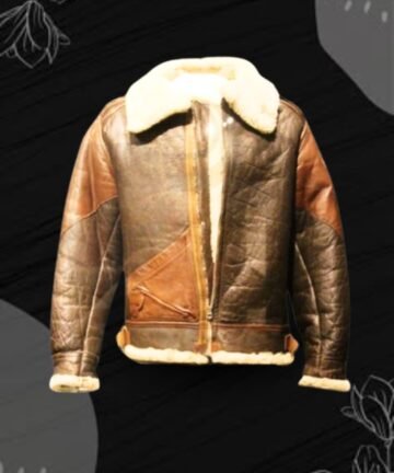 Vintage brown aviator shearling leather jacket with white fur collar
