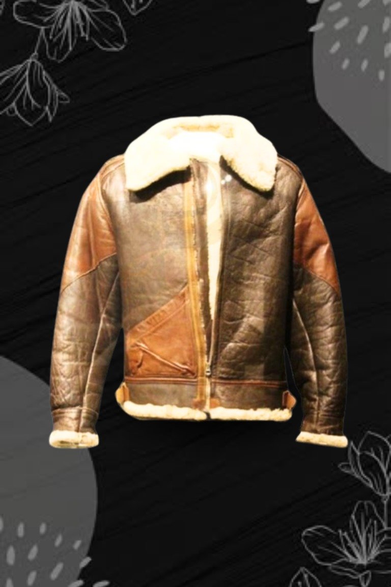 Vintage brown aviator shearling leather jacket with white fur collar