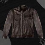 Black leather cafe racer jacket.