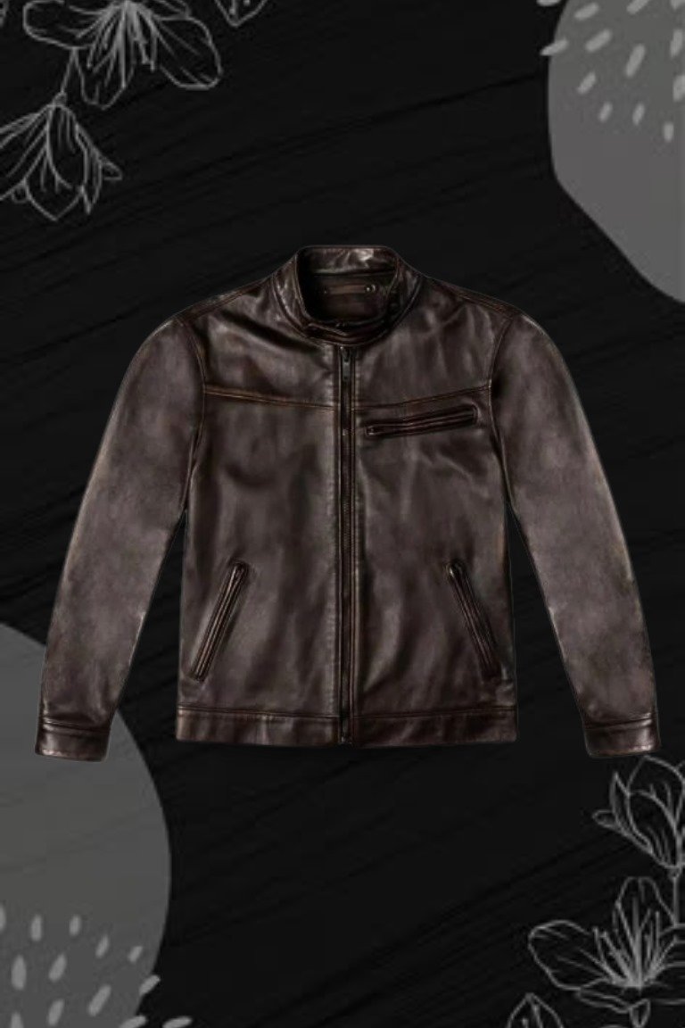 Black leather cafe racer jacket.