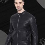 Stylish biker jacket with latch collar, premium leather finish"