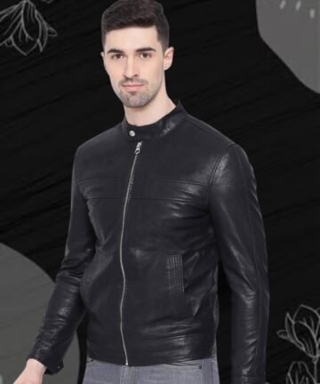 Stylish biker jacket with latch collar, premium leather finish"