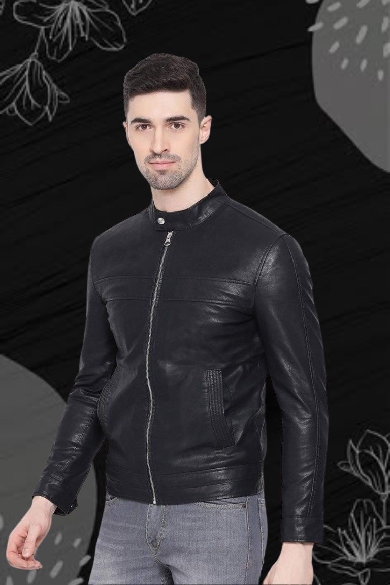 Stylish biker jacket with latch collar, premium leather finish"