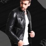 Classic black unisex biker jacket.