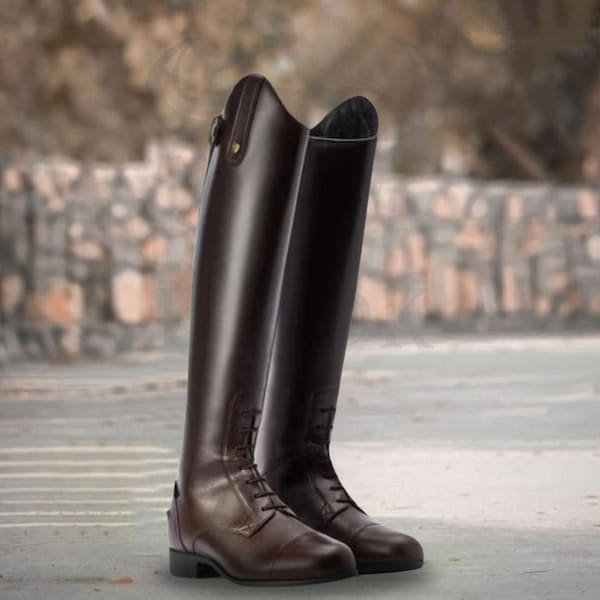Long combat boots with rugged sole and lace-up front