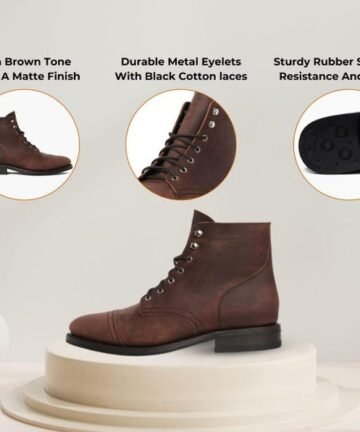 Brown leather ankle boots with a block heel.