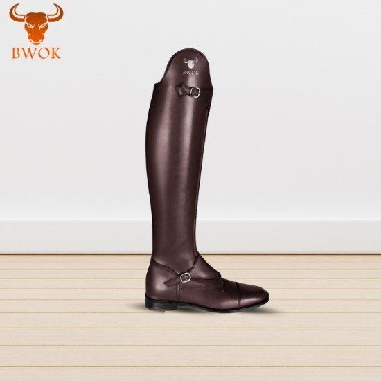 Premium dark brown leather riding boots for equestrian use with tall shaft and polished finish
