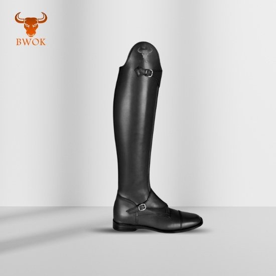 Classic black equestrian long leather boots with elegant design and durable sole for horse riding