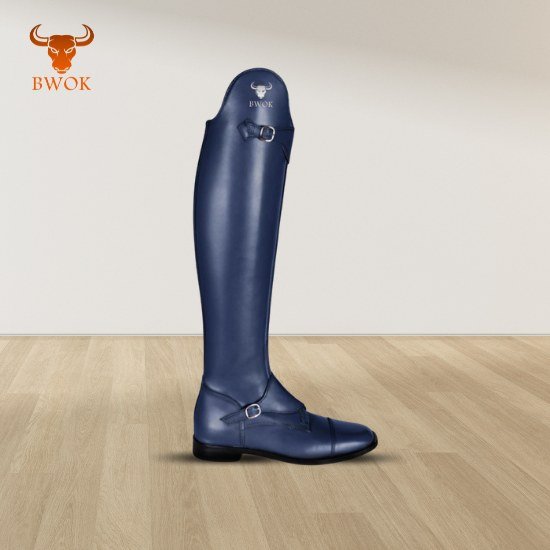 Royal blue equestrian long leather boots for horse riding with premium leather and elegant silhouette