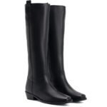 Black long knee-high heeled boots for women with a sleek pointed toe