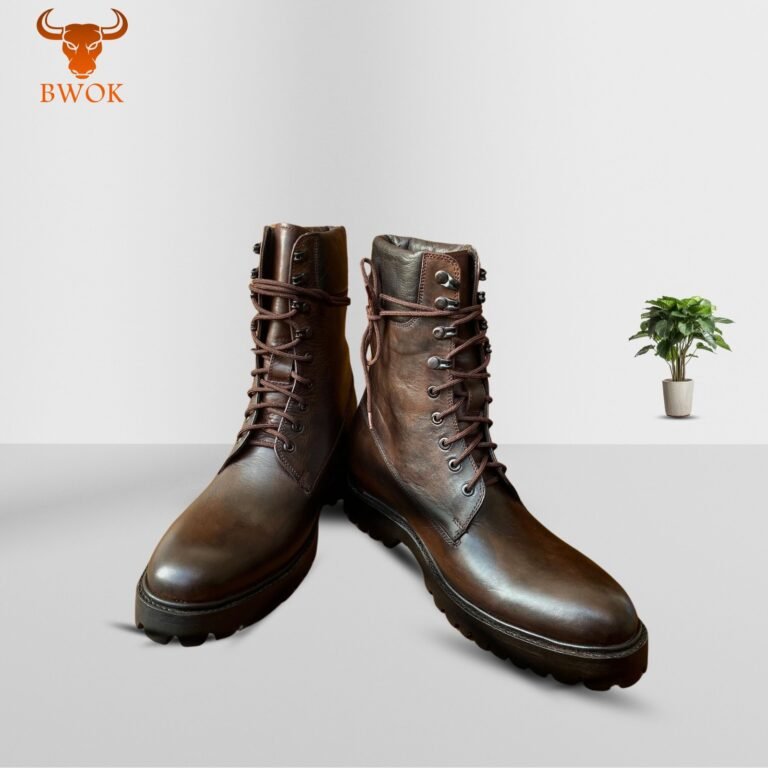 Brown leather lace-up ankle boots with rugged sole – Bwok Store