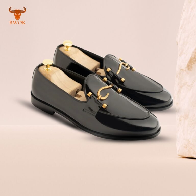 Black leather formal loafers with gold detailing – Bwok Store