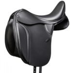 Black equestrian saddle with ergonomic shape and high cantle design