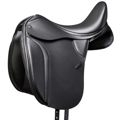 Black equestrian saddle with ergonomic shape and high cantle design