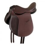 Premium dark brown leather horse saddle with stirrups