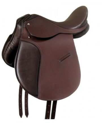 Premium dark brown leather horse saddle with stirrups