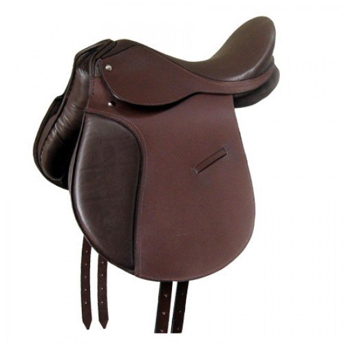 Premium dark brown leather horse saddle with stirrups
