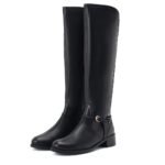 Black leather horse riding boots with buckle detail and knee-high length