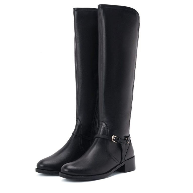 Black leather horse riding boots with buckle detail and knee-high length