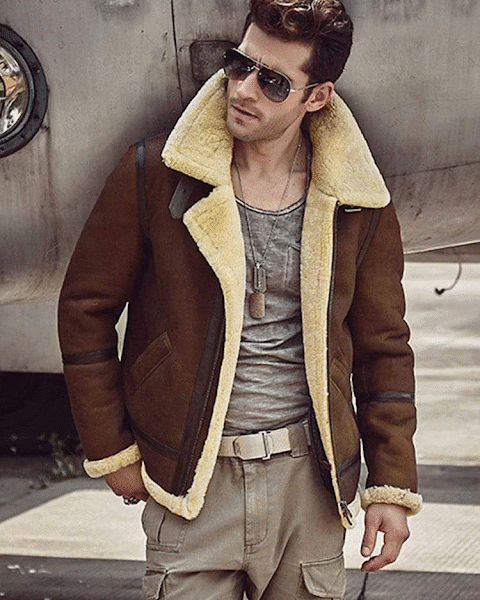 Men's shearling aviator jacket in brown leather with fur lining, offering warmth, durability, and vintage flight-style fashion