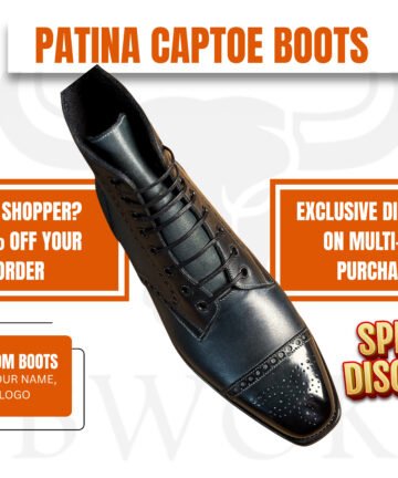 Handmade Black Patina Brogue Boots for Men
